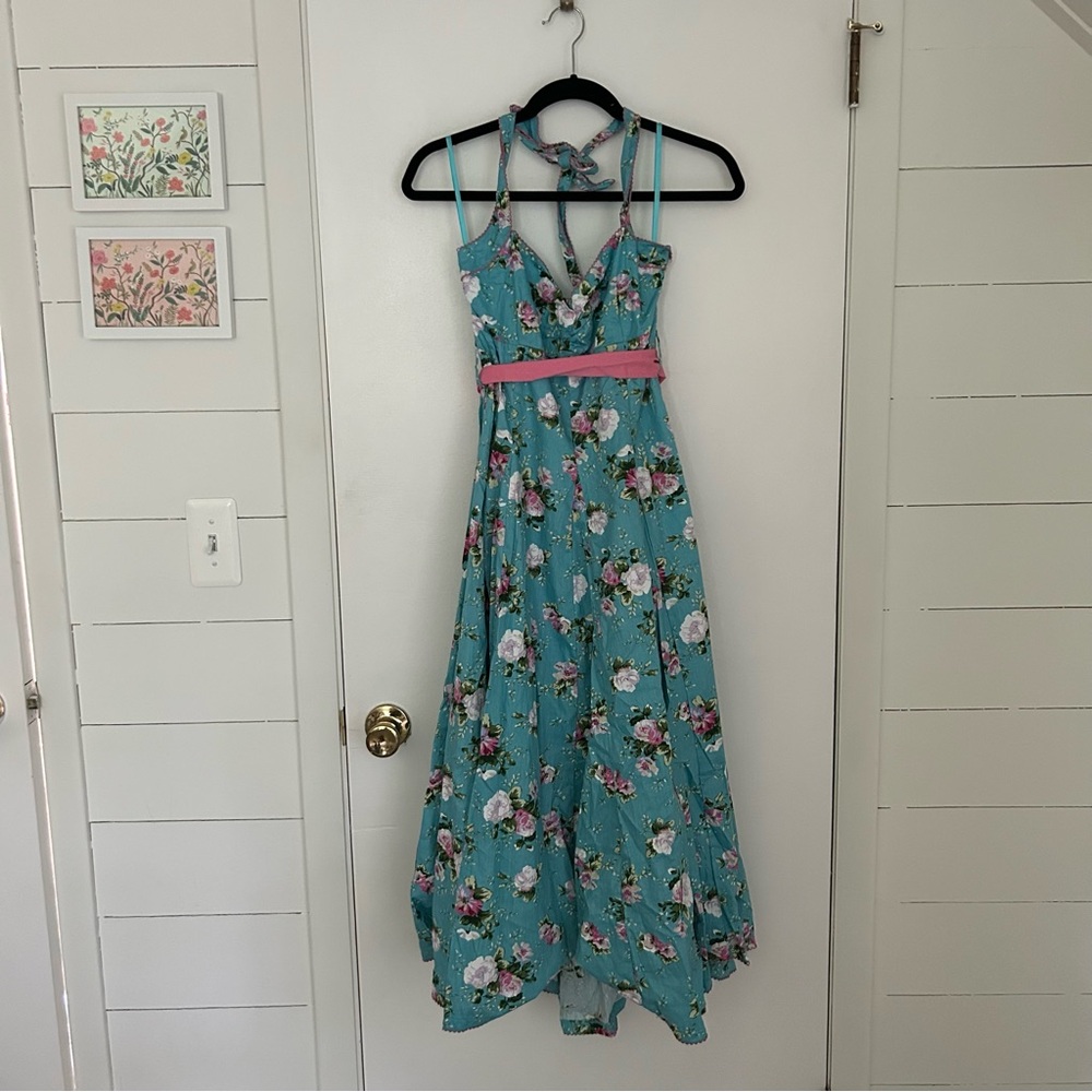 Floral Maxi Dress Blue with Pink Accents